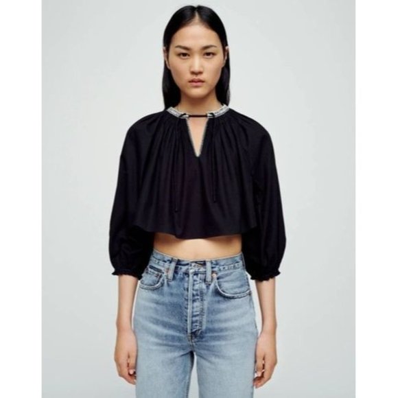 $350 NWT RE/DONE VICTORIAN CUT OFF BLOUSE IN BLACK SZ SMALL